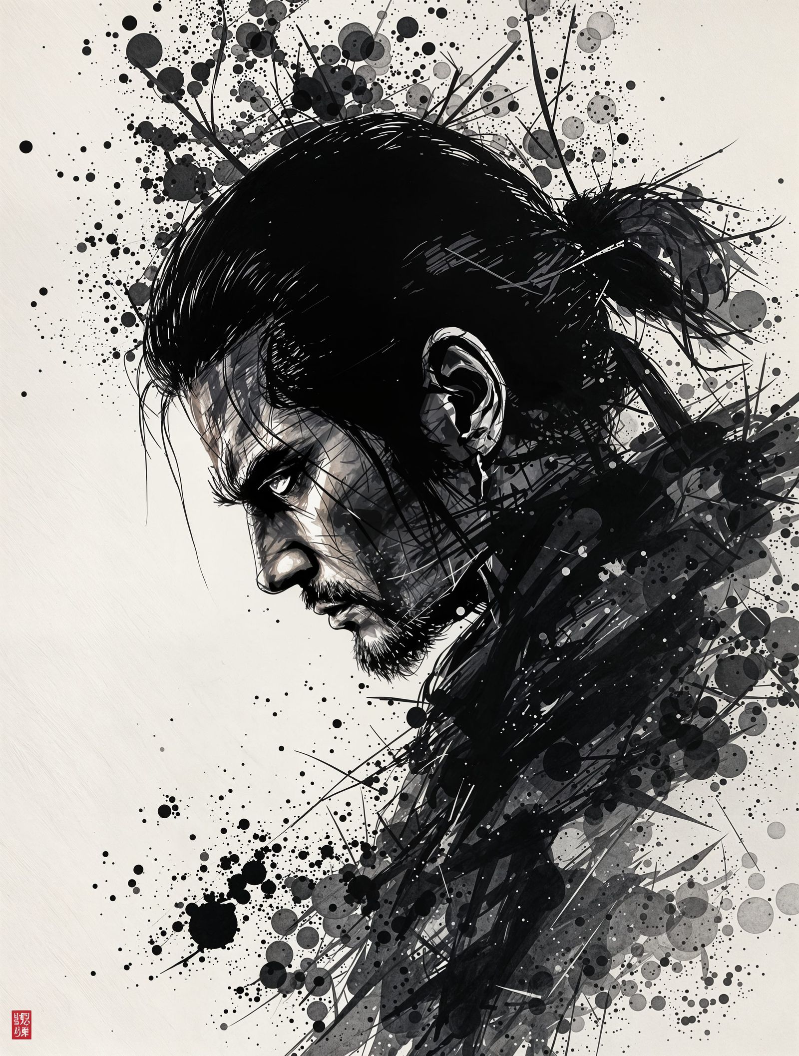 Sumi-e Ink Wash Samurai Warrior