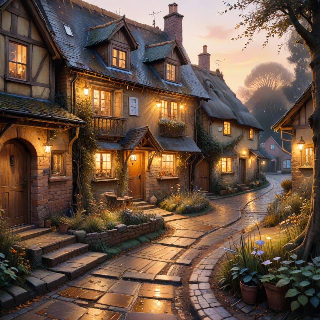 Enchanting Village Scene in Watercolour Style