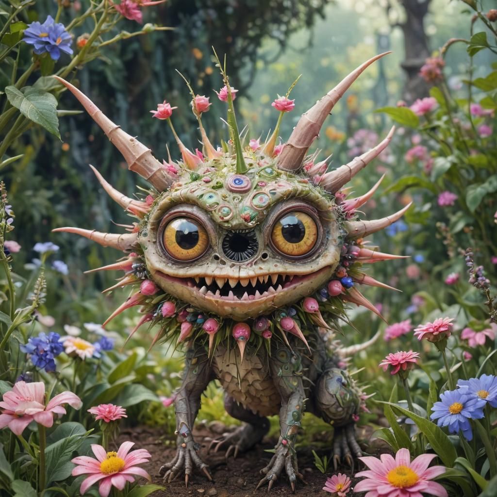 Cute Spiky Creature in Luxury Flower Garden