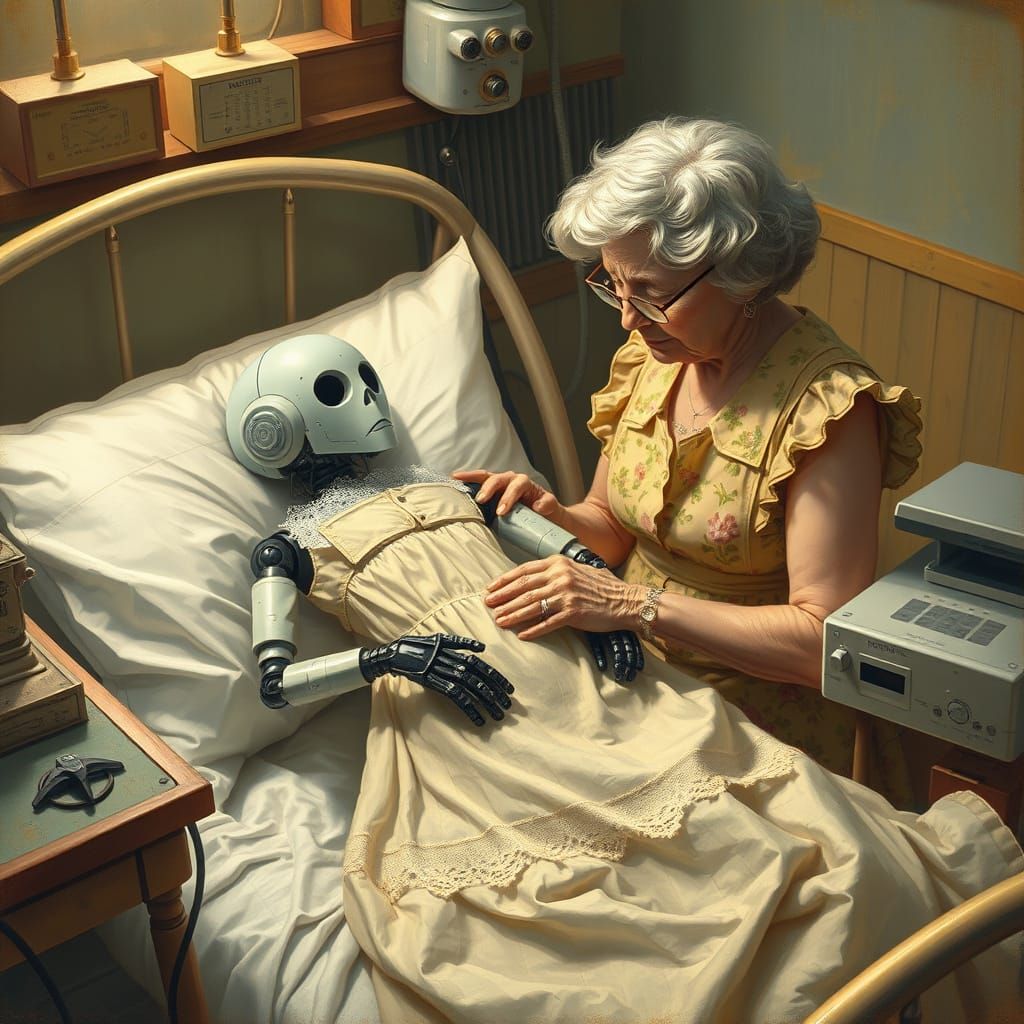 Robot Being Cared for in Oil Painting Style