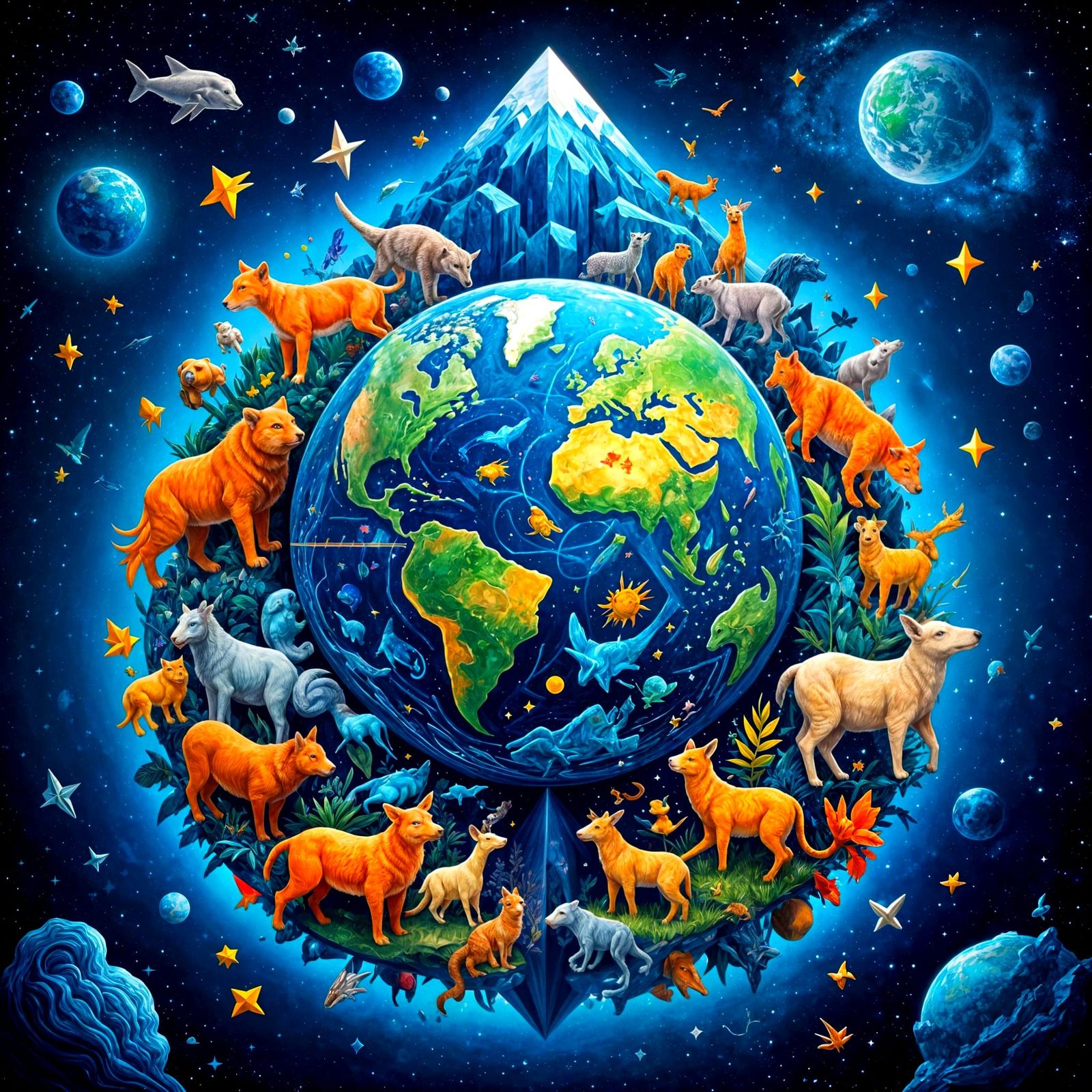 Earth Biodiversity Illustration in Cubist Art Deco Style