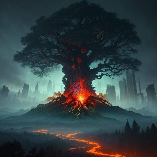 Majestic Tree Ignites Mystical Cityscape: Concept Art