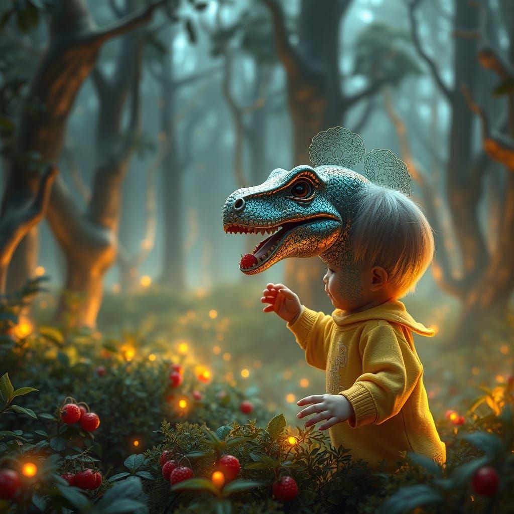 Whimsical Brontosaurus Encounter in Ethereal Forest