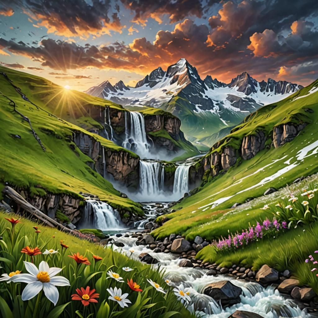 Snowy Mountain Landscape with Waterfalls and Sunset