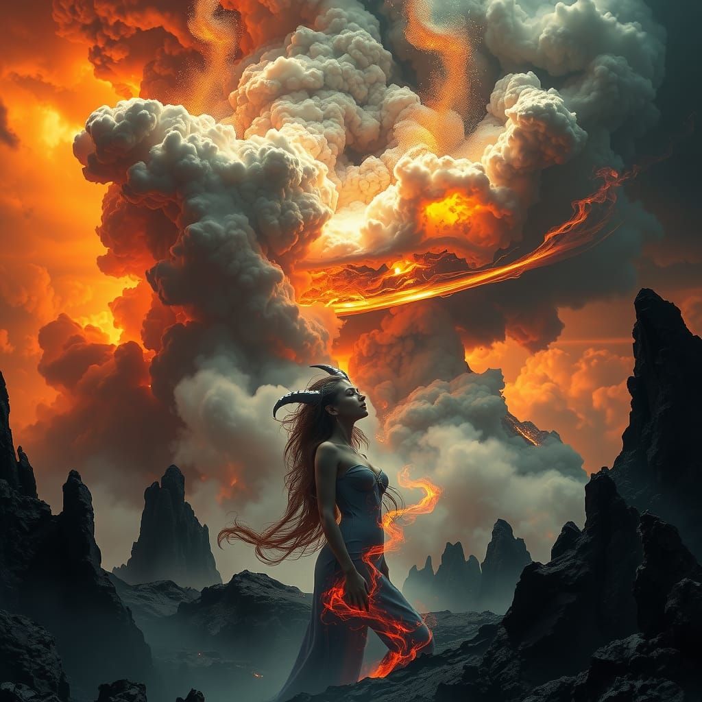Volcanic Demoness Emerges in Eruption: Fantasy Art