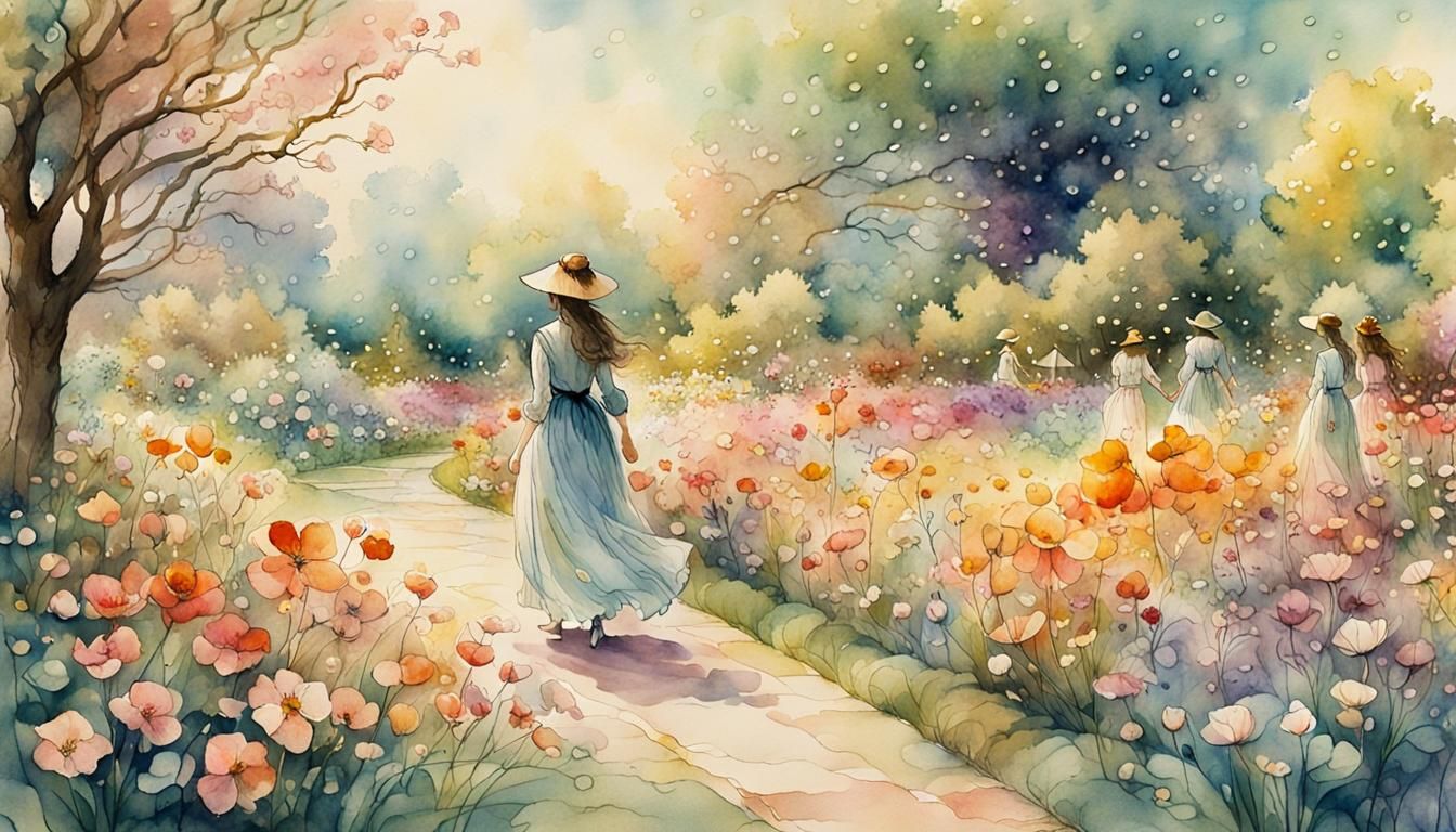 Ethereal Spring Garden Scene in Watercolor Style