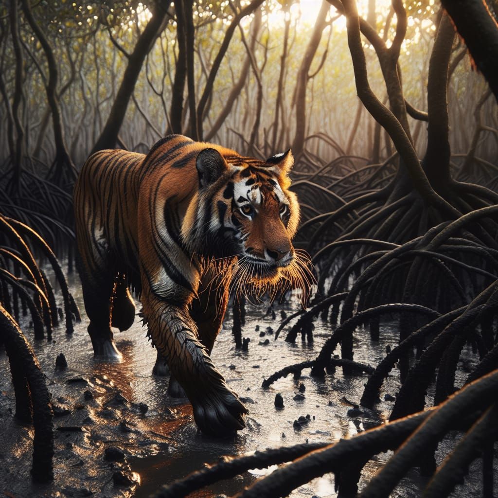 beautiful tiger in the mangrove forests in India