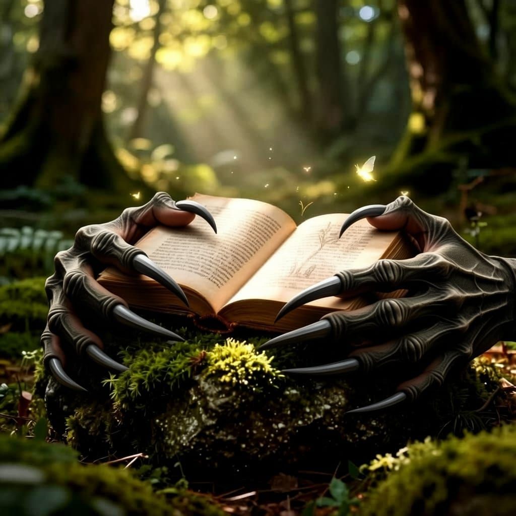 Enchanted Forest Tome With Sprites in Soft Light