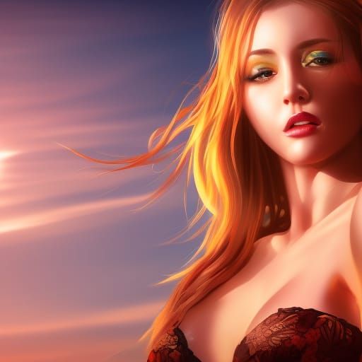 Enticing Woman at Sunrise: Hyperrealistic Splash Art