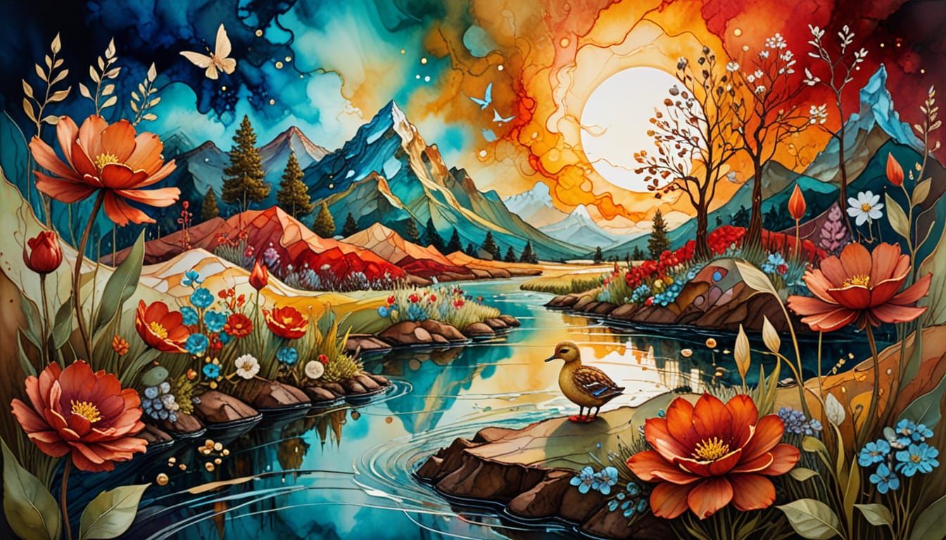 Surreal Wimbledon Final with Duckling, Alcohol Ink Painting