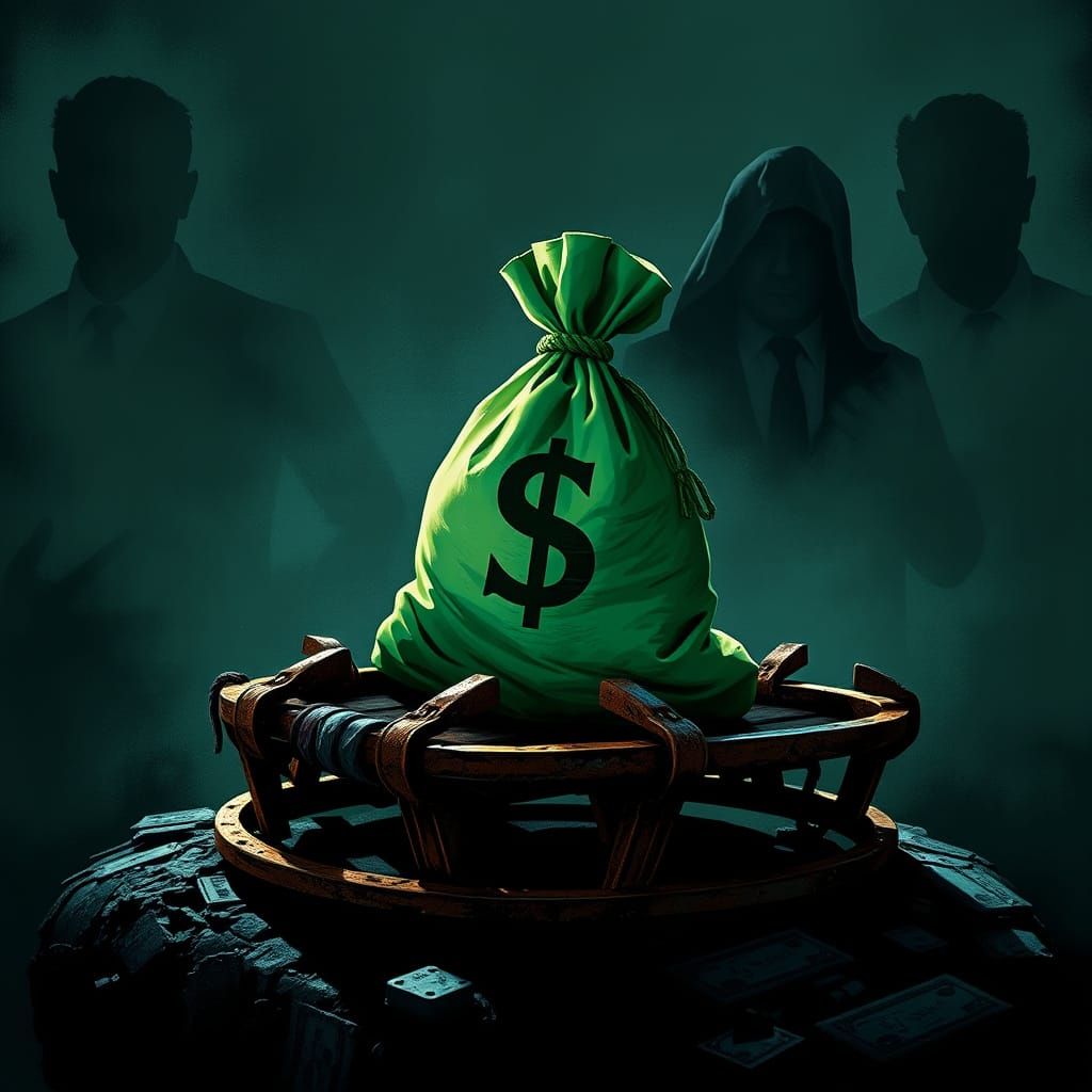 Surreal Film Noir Scene with Green Money Bag and Ominous Sha...