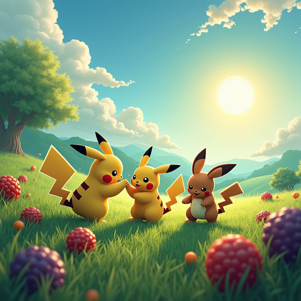 Pokémon Picnic: Pikachu, Raichu, and Pichu in Meadow