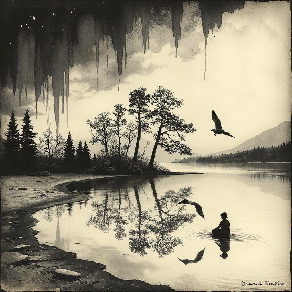 Dreamlike Folk Art Landscape with Celestial Elements