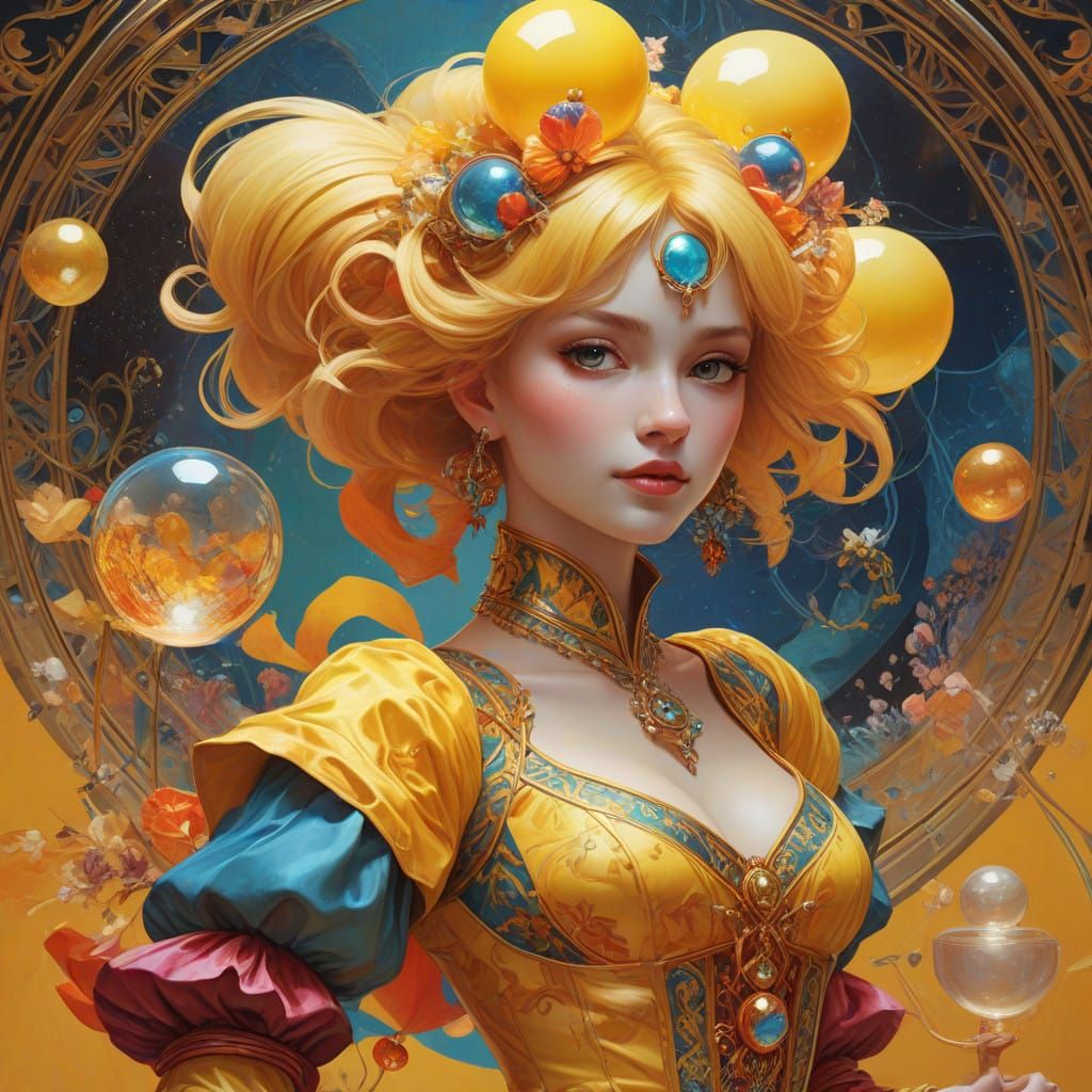 Vibrant Jester Juggles Iridescent Orbs in Whimsical Art Nouv...