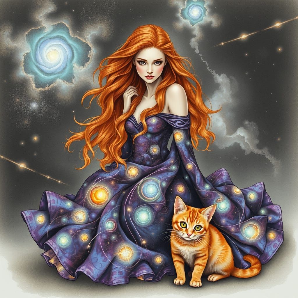 Ethereal Ginger Goddess in Stained Glass Galaxy Dress with O...