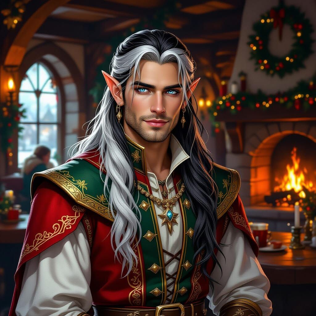 Festive Elf in Cozy Tavern, Digital Matte Painting