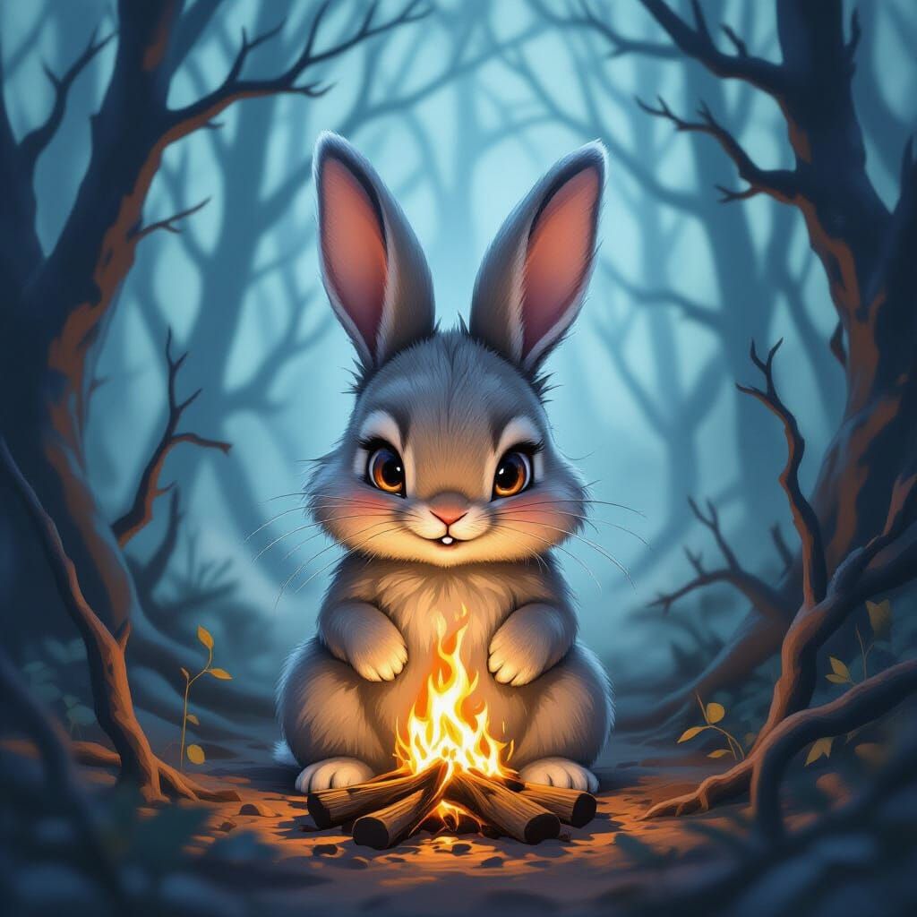 Mischievous Rabbit Ignites Forest Fire, Watercolor Style