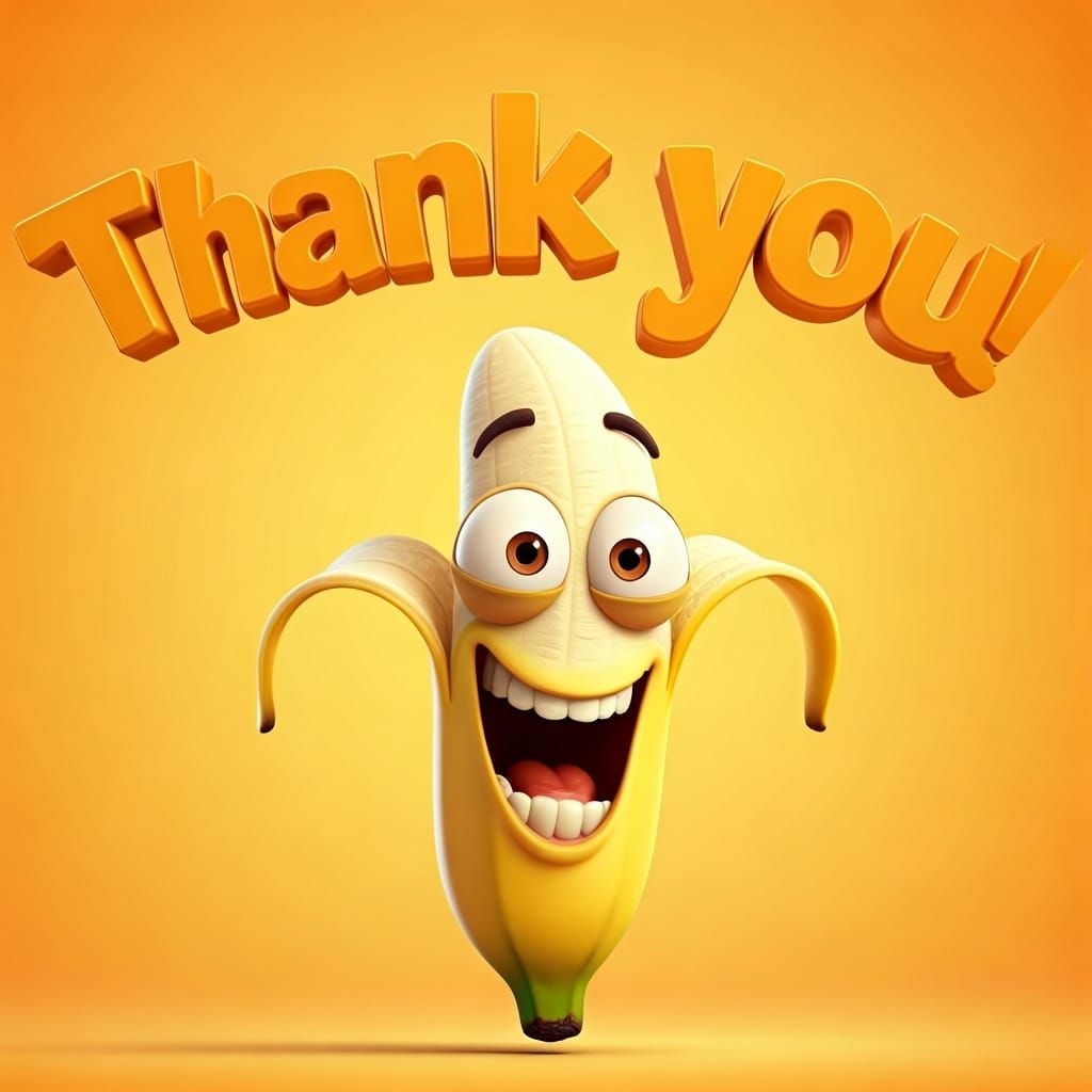 In a vibrant 3D render, giant, whimsical text reads "thank you" in a colossal bold, cartoonish font floats above a 3d c...