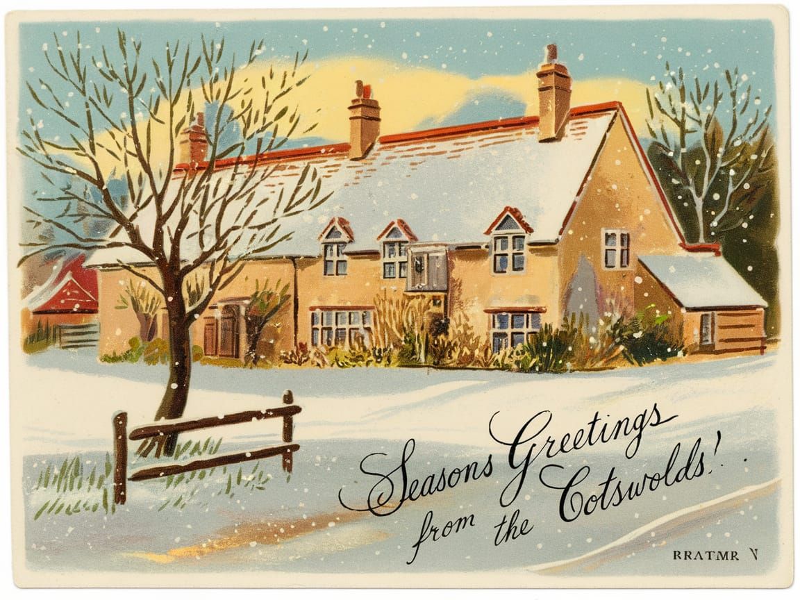 Vintage Holiday Postcard: Snowy Cotswolds Scene