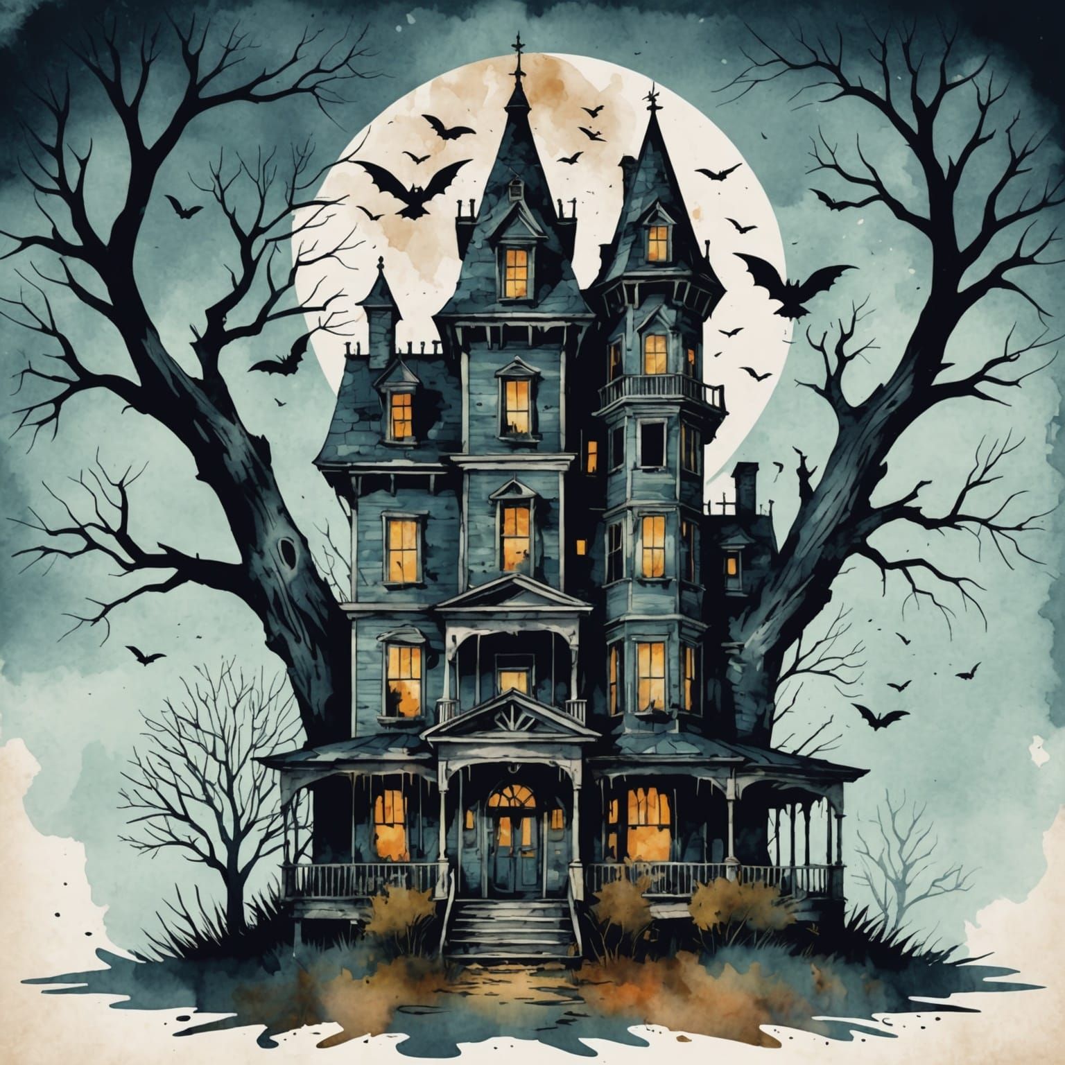 Haunted House Poster in Watercolor Style