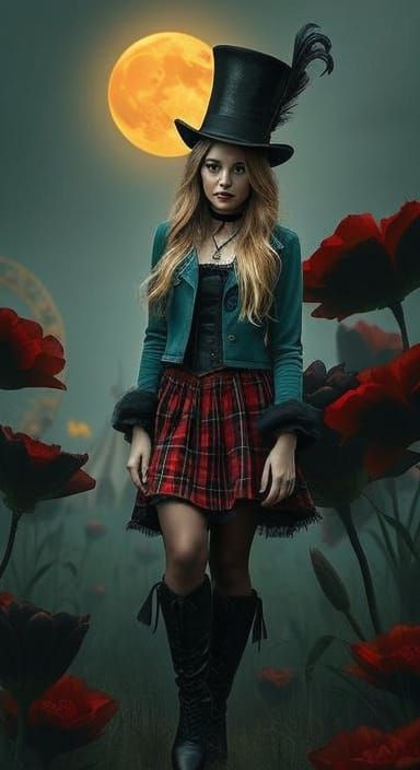 Gothic Woman in Floral Field Under Orange Moon