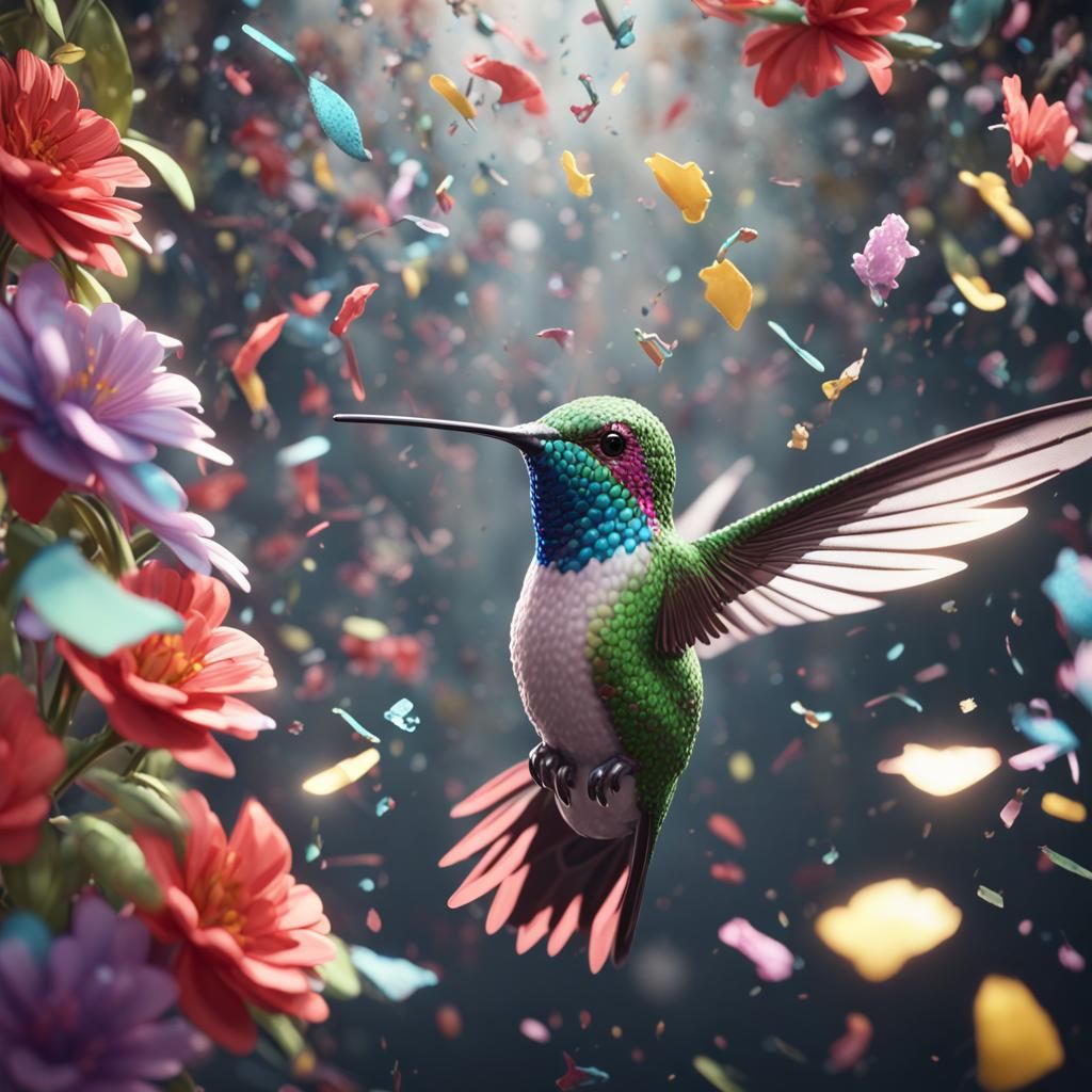 Confetti Hummingbird and Flower in 3D Style