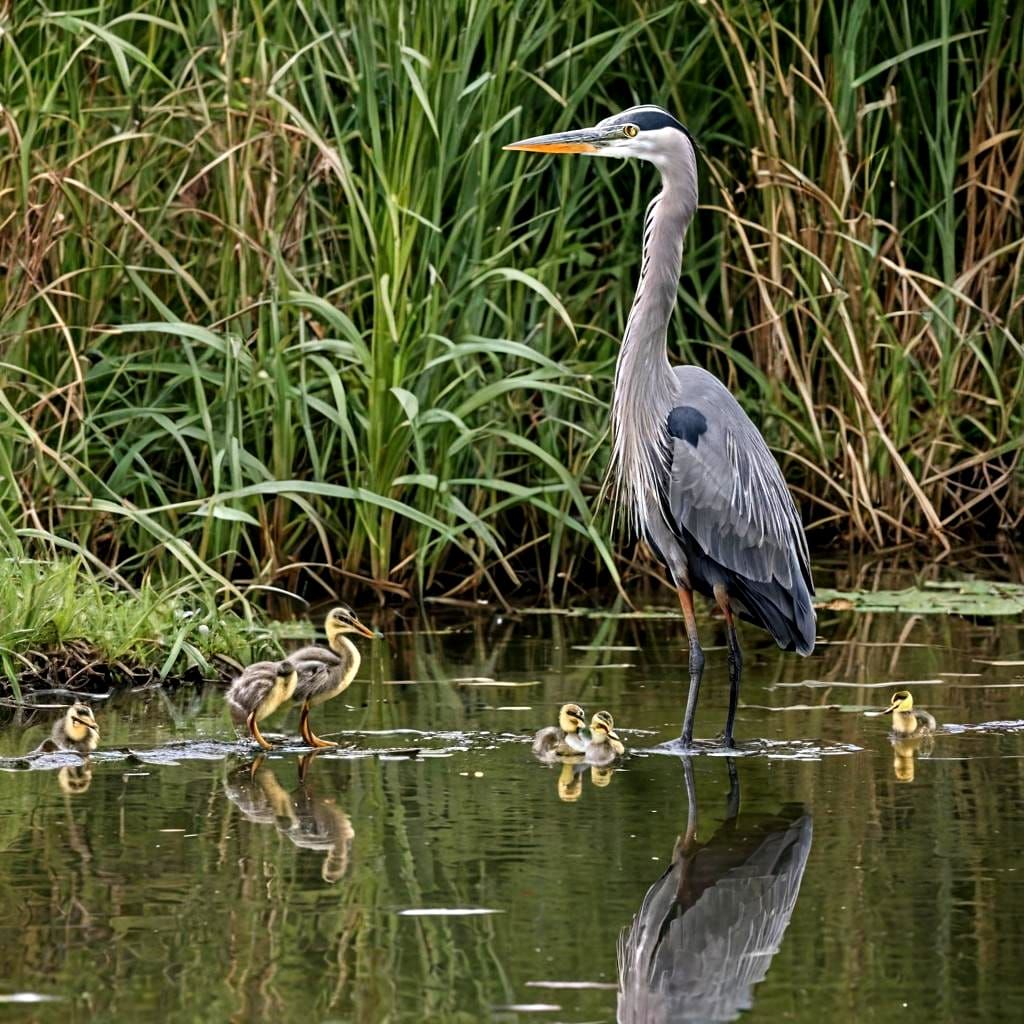 Heron Concentrating on Trout at Pond Edge