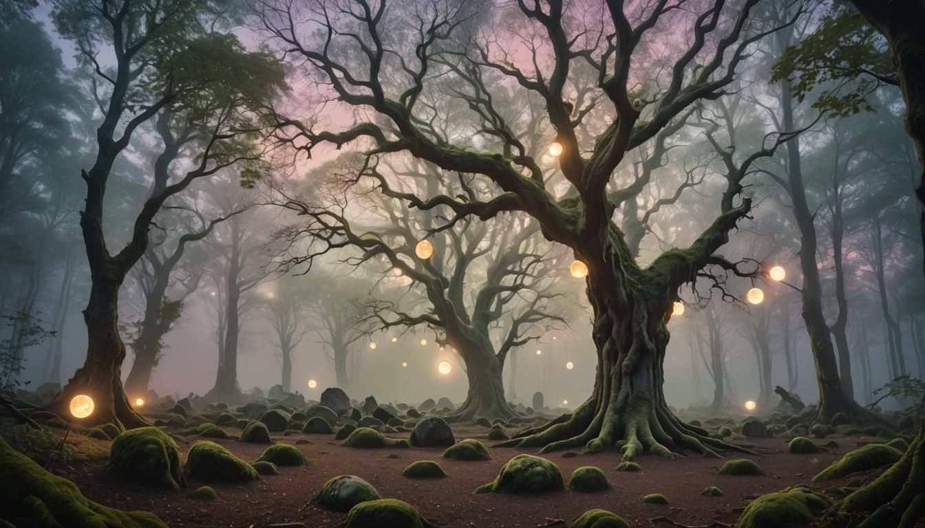 "Imagine a mystical forest bathed in twilight, where the sof...