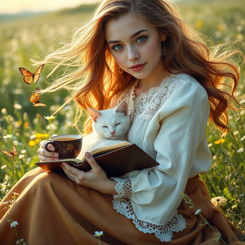 Woman with Cat in Meadow, Hyperrealistic Style