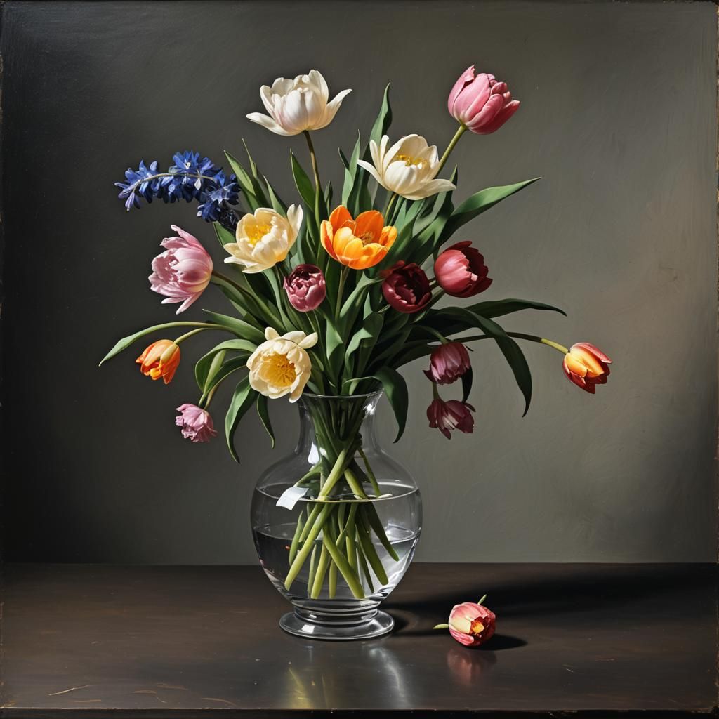 Vintage Dutch Still Life Oil Painting with Flowers