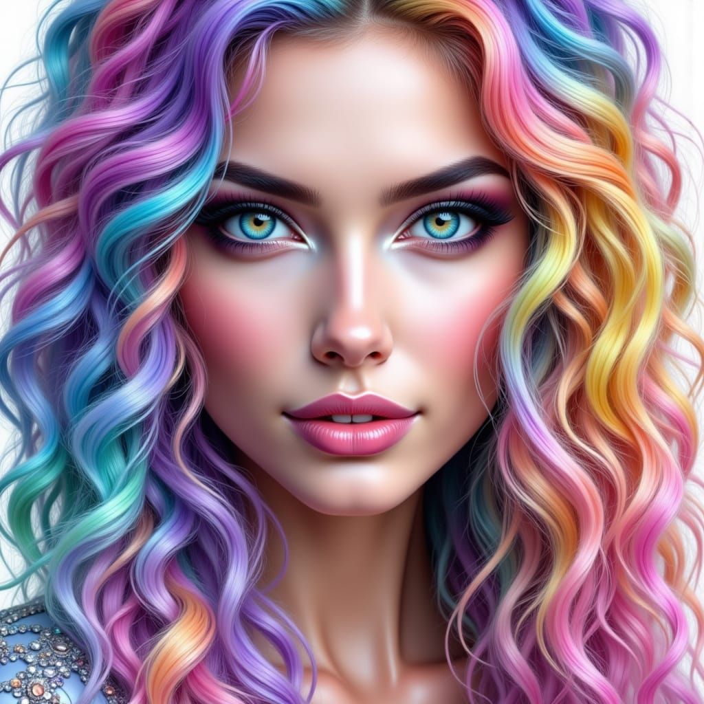 Glamorous Woman with Rainbow Hair and Purple Eyes