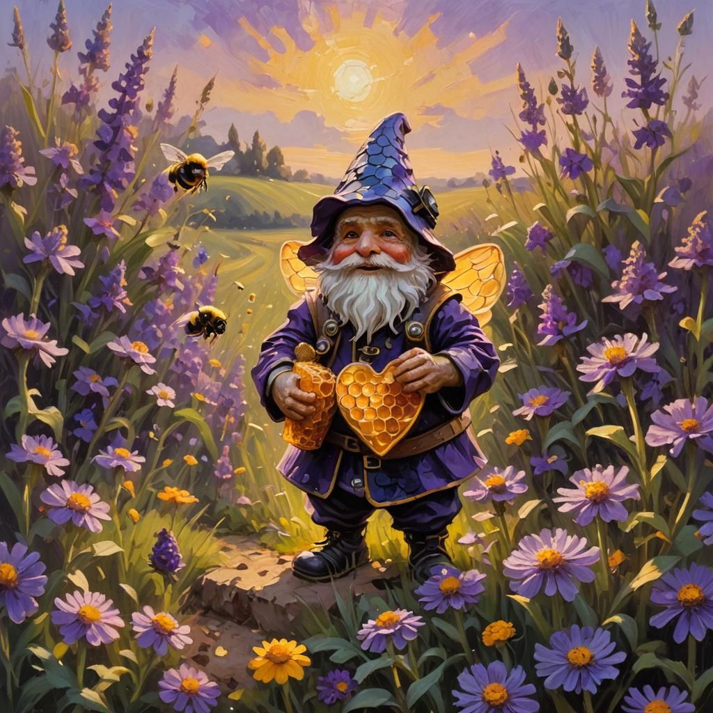 Honeycomb Gnome with Heart in Impressionistic Oil Painting