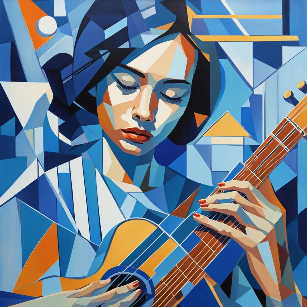 Ethereal Woman Plays Guitar: Cubist Portrait