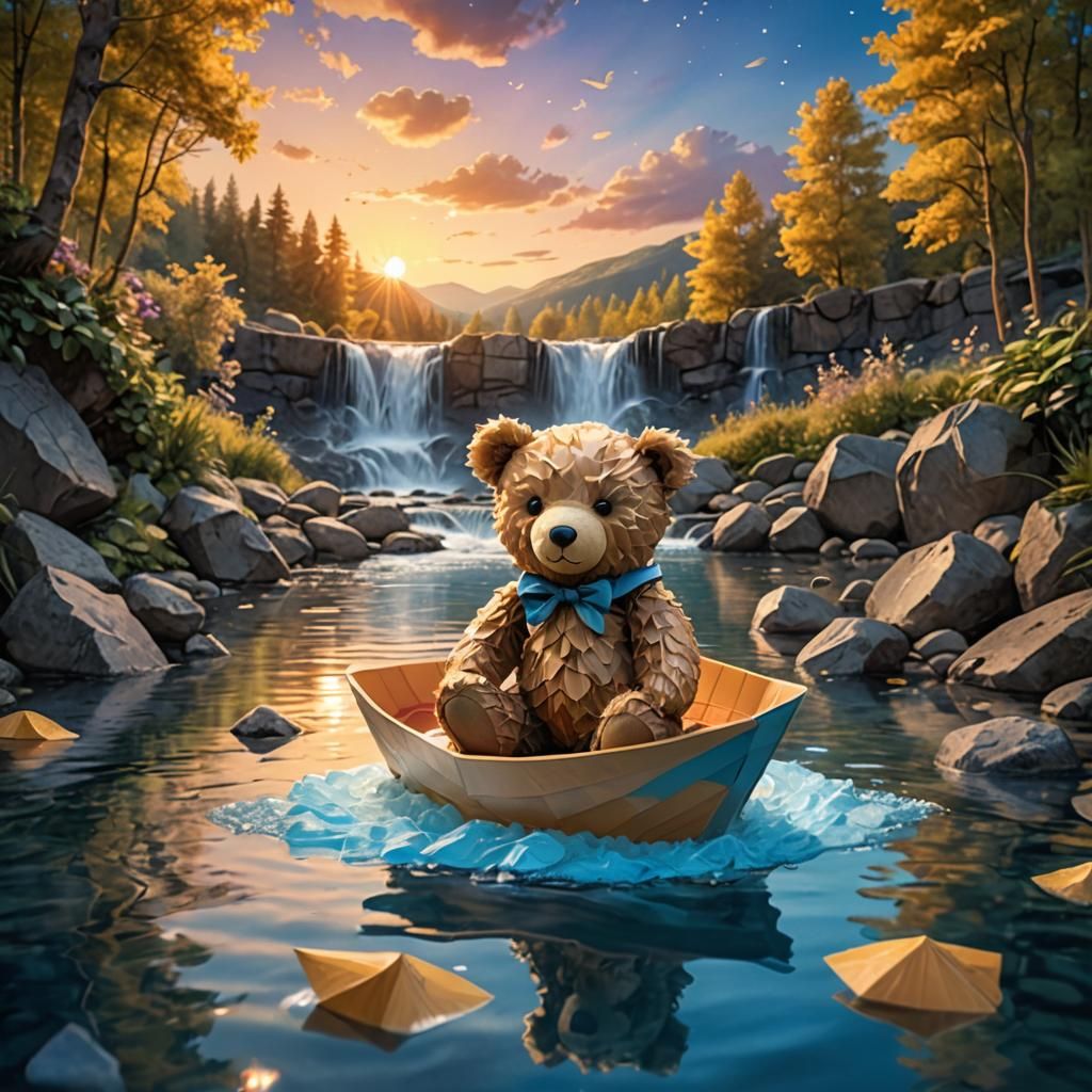 Teddy Bear's Magical Sunset Adventure on Paper Boat