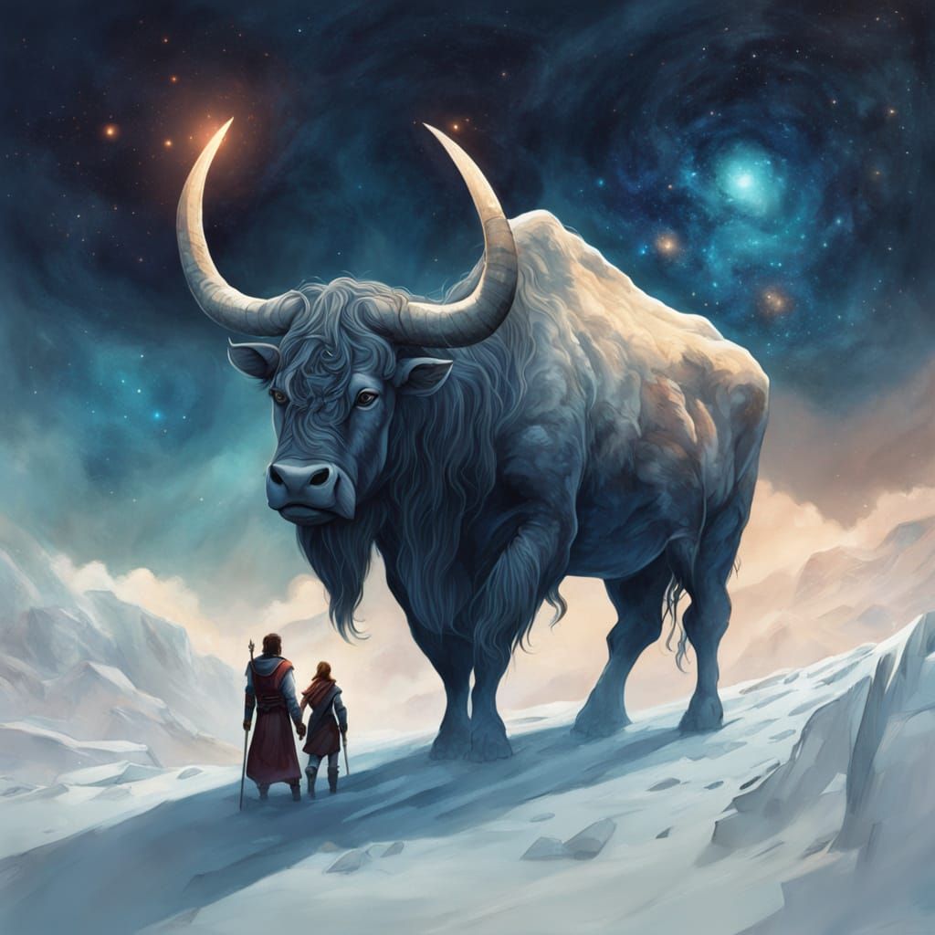 Norse Fantasy Art: Ymir and Audhumla in Cosmic Void