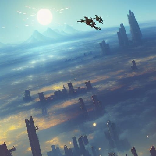 Steampunk City Over Desert, Digital Anime Art