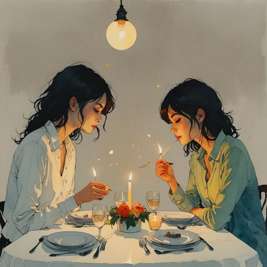 Romantic Couple's Candlelit Dinner, Watercolor Illustration