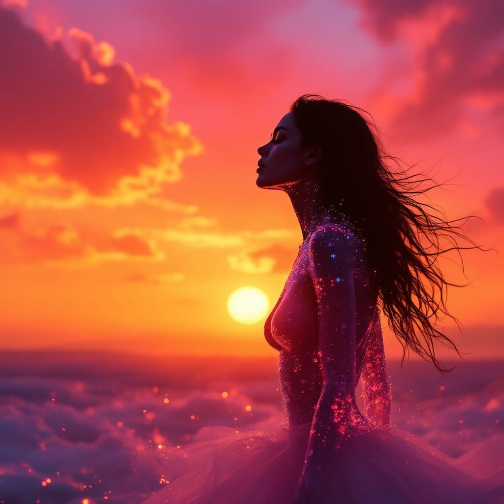 Woman in Vibrant Sunset Silhouette with Ethereal Body