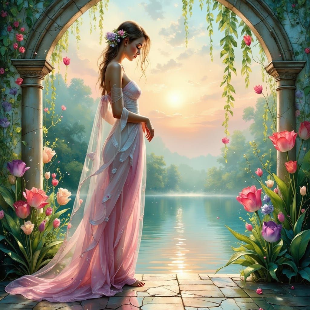 Ethereal Woman in Mosaic Sunset Stained Glass