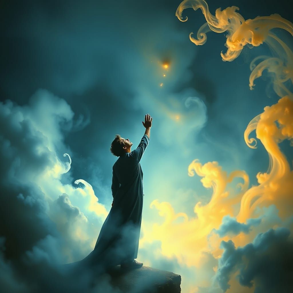 Spiritual Surrealism: Figure Awakens from Dreamscape