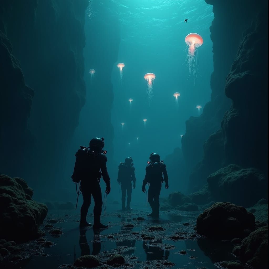 Deep-Sea Explorers in Bioluminescent Giger-esque Landscape