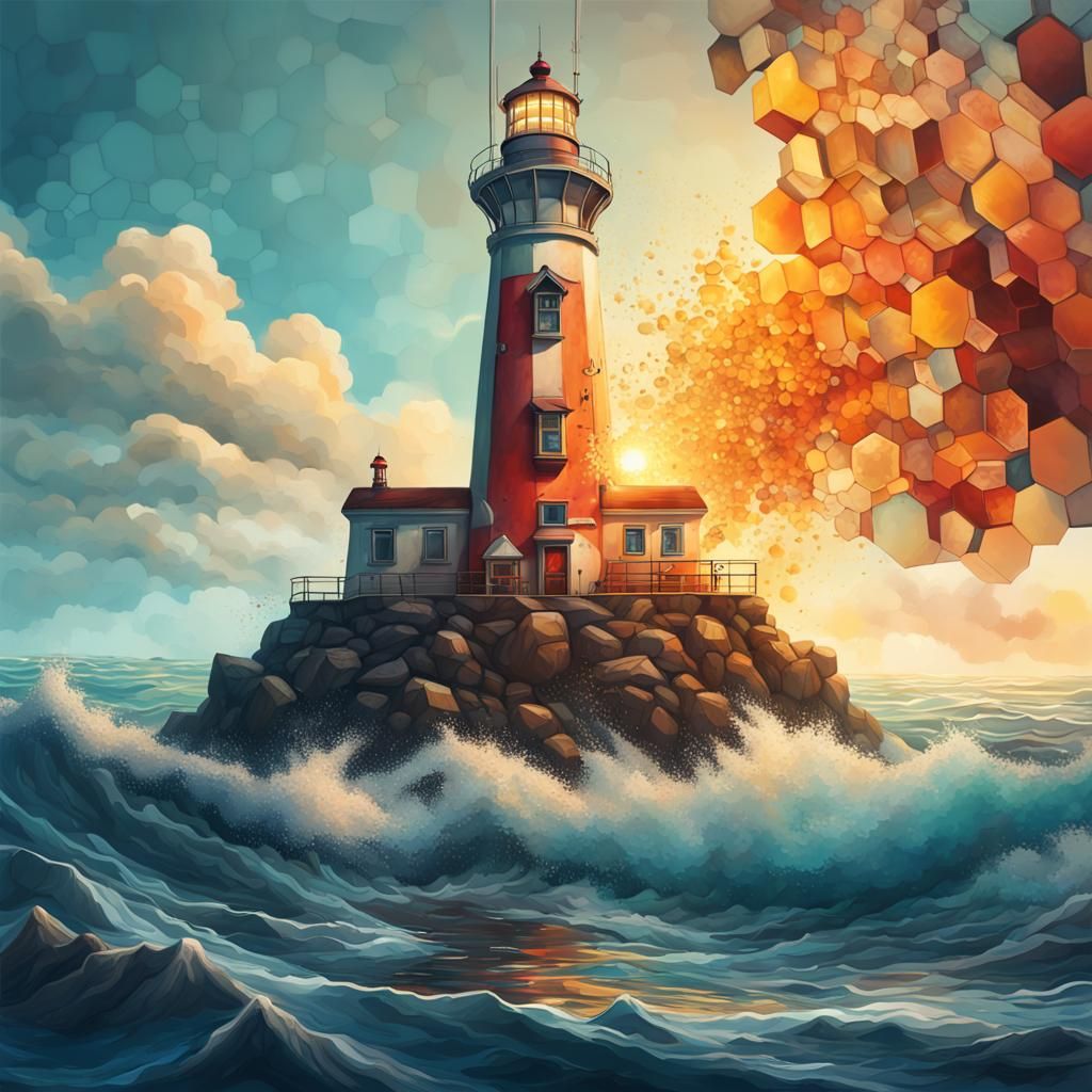 Floating Lighthouse with Hexagonal Windows in Hyperrealistic...