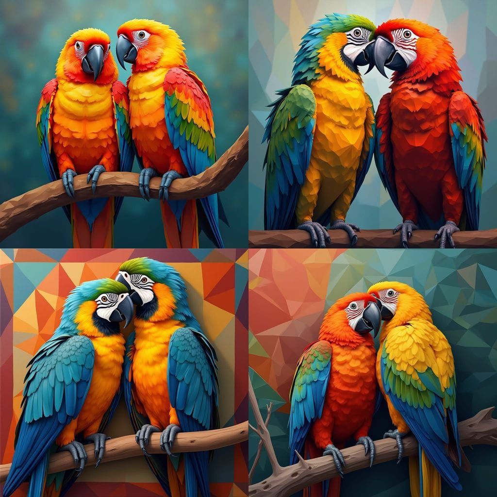 Parrots in Vibrant Cubist Harmony