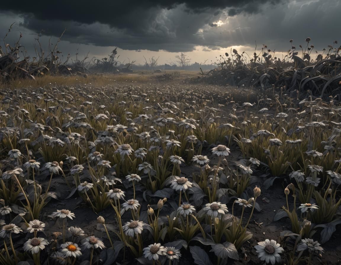 Desolate Flower Field Under Dark Sky, Dark Fantasy Art