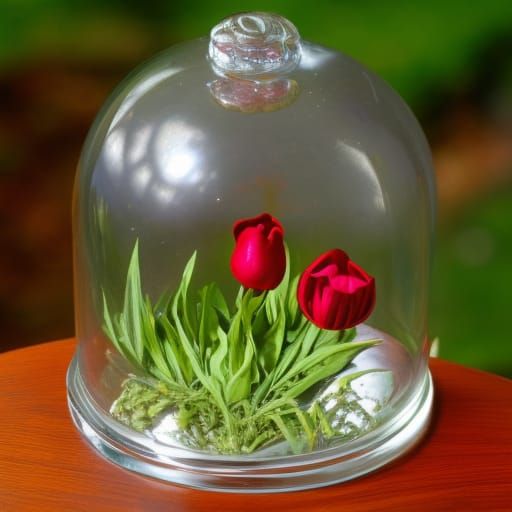 Red Tulip Under Glass Bell Jar in Dark Lighting
