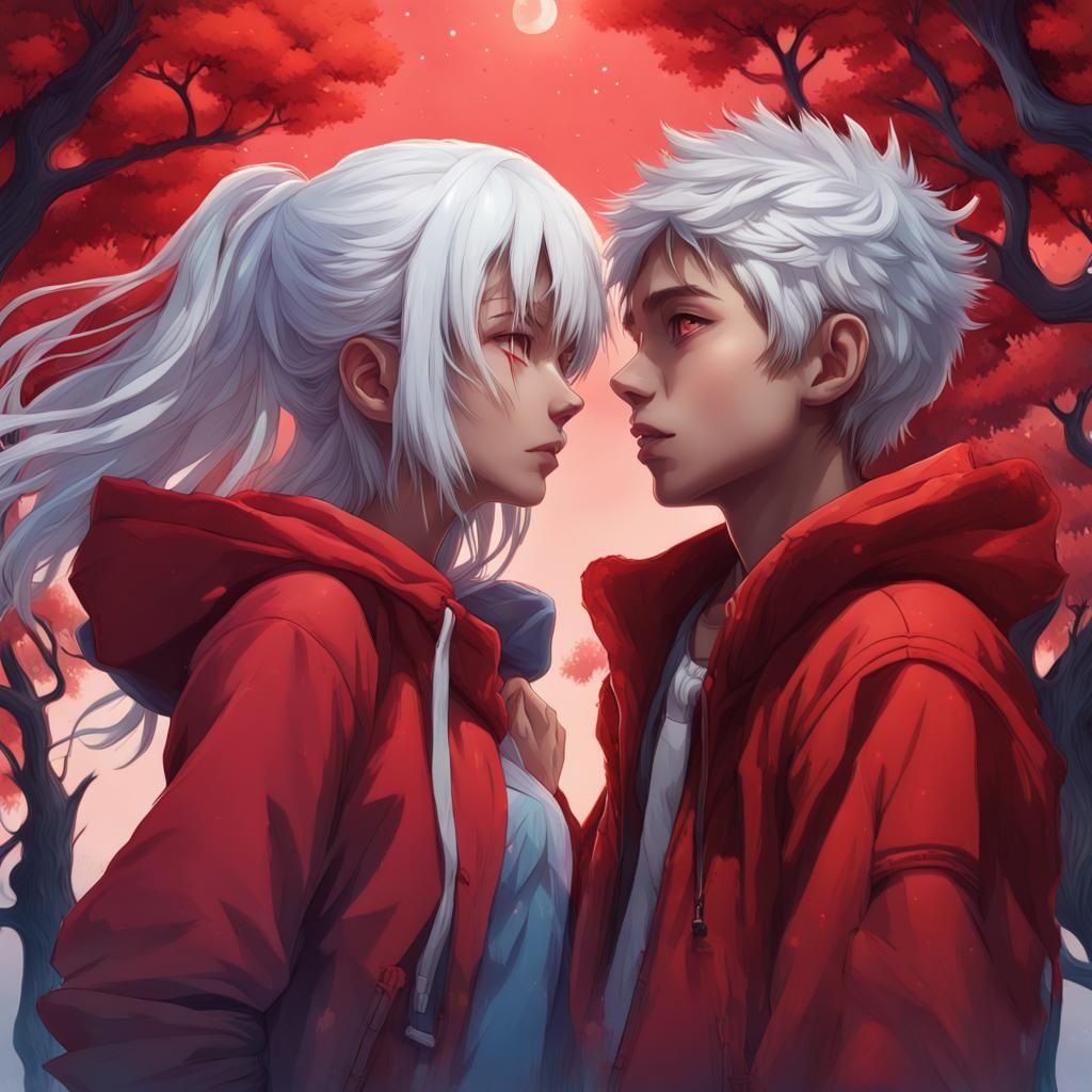 Anime Couple in Red Moonlight, Digital Art