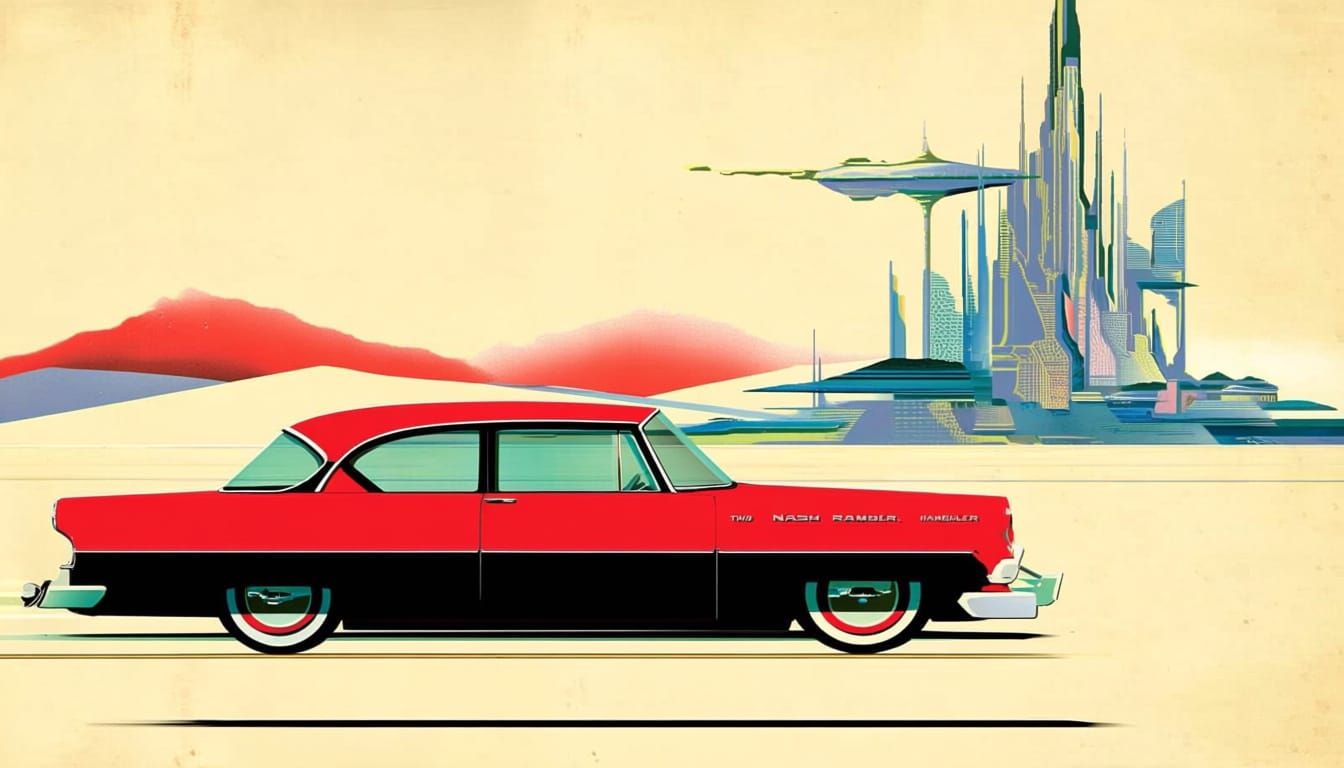 Vintage Travel Poster: Car to Futuristic Alien City
