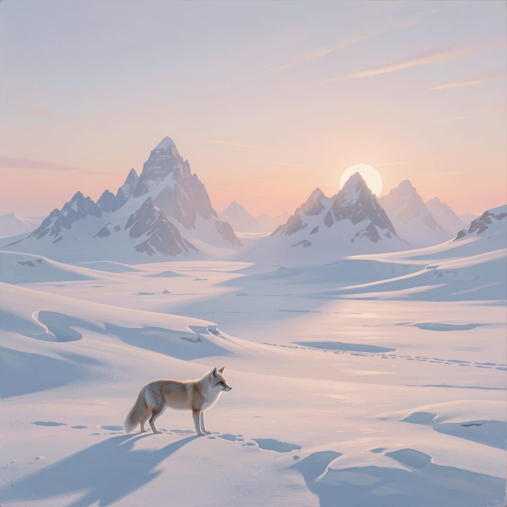 Vast Antarctic Sunrise with Arctic Fox in Matte Painting Sty...