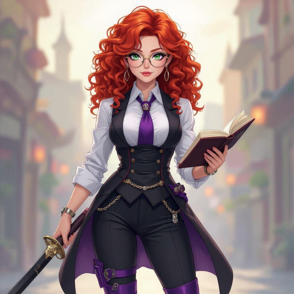 Anime Sorceress Wields Katana and Spellbook in Detailed Illu...