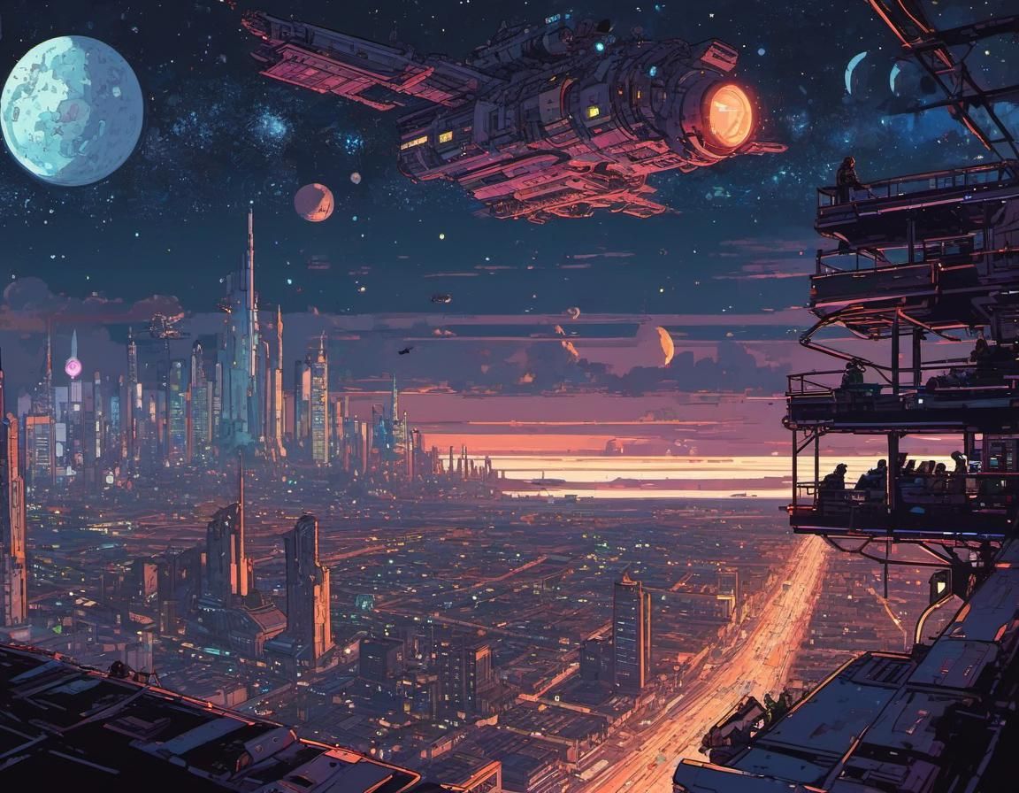 Cyberpunk Cityscape from Spaceship in Pixel Art